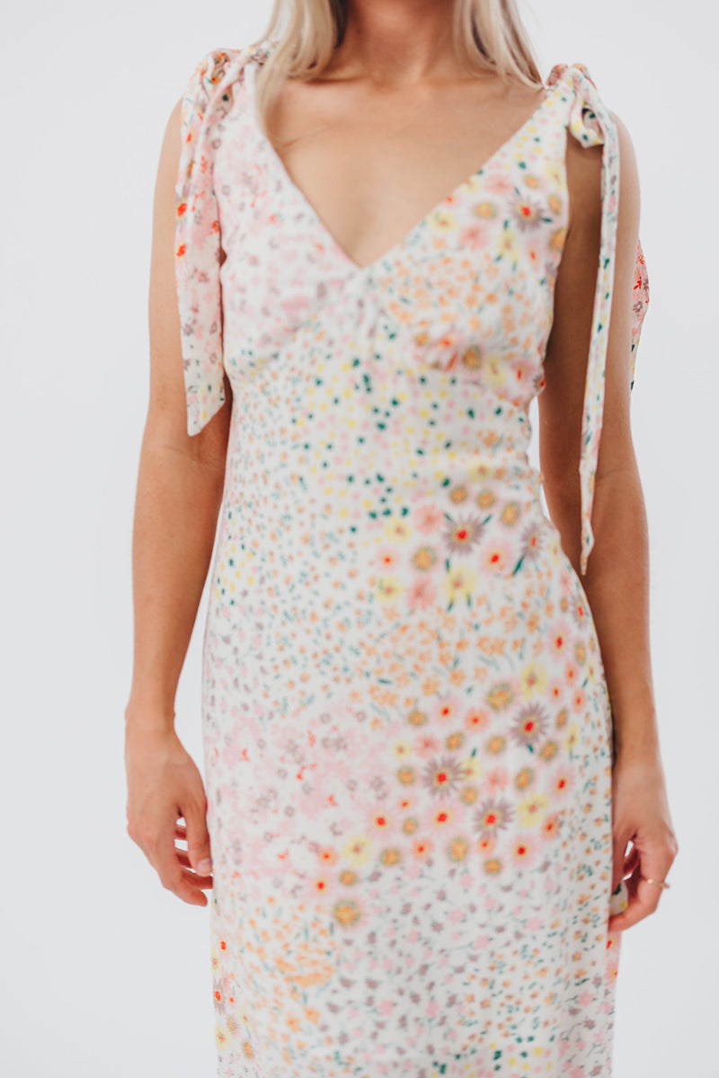 Floral Print V Neck Tied Up Sleeveless Midi Dresses-Beige Pre Order