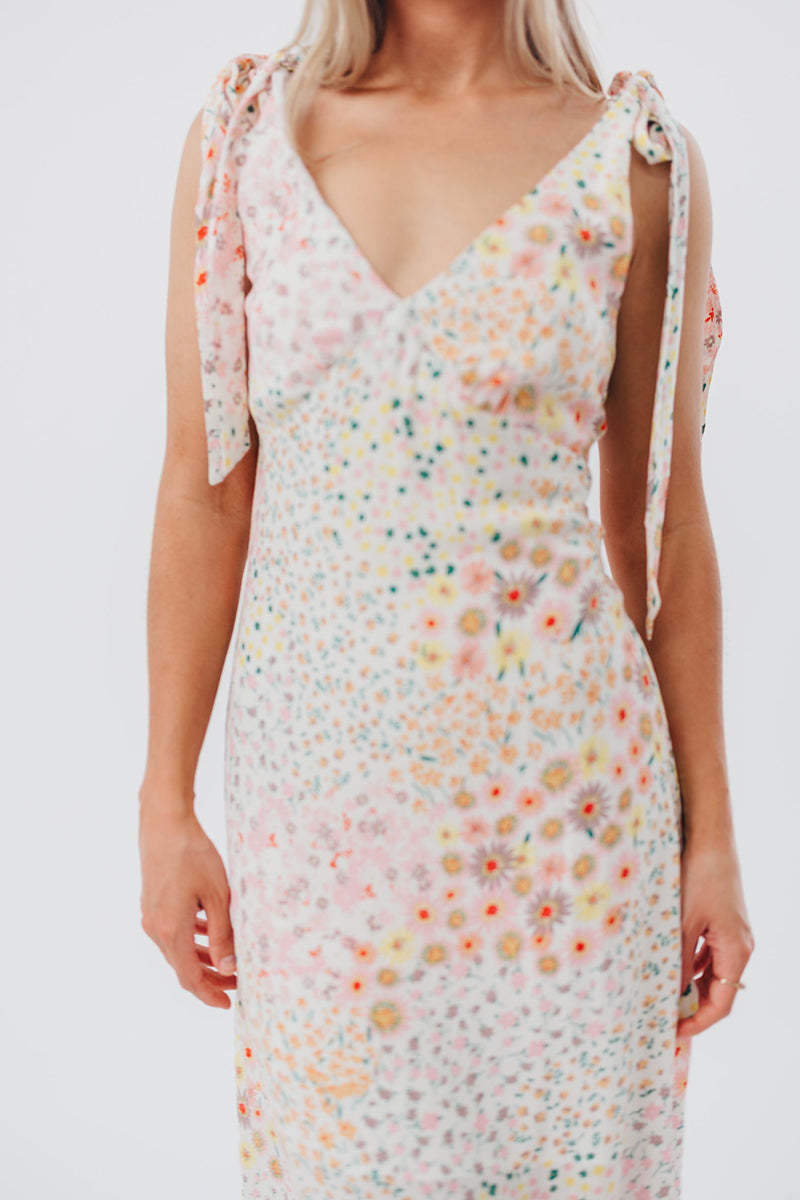 Floral Print V Neck Tied Up Sleeveless Midi Dresses-Beige Pre Order