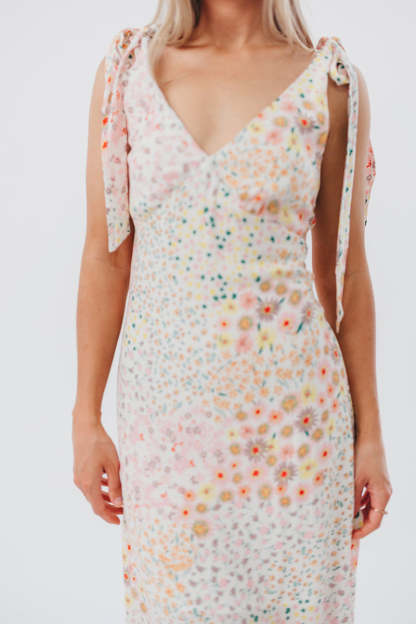 Floral Print V Neck Tied Up Sleeveless Midi Dresses-Beige Pre Order