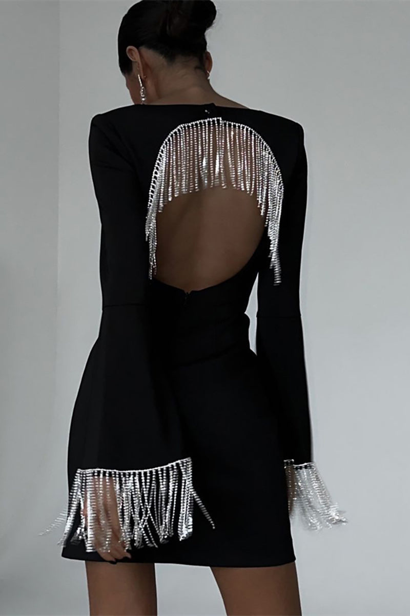 Square Neck Flared Sleeve Rhinestone Fringed Backless Slim Fit Mini Dresses-Black