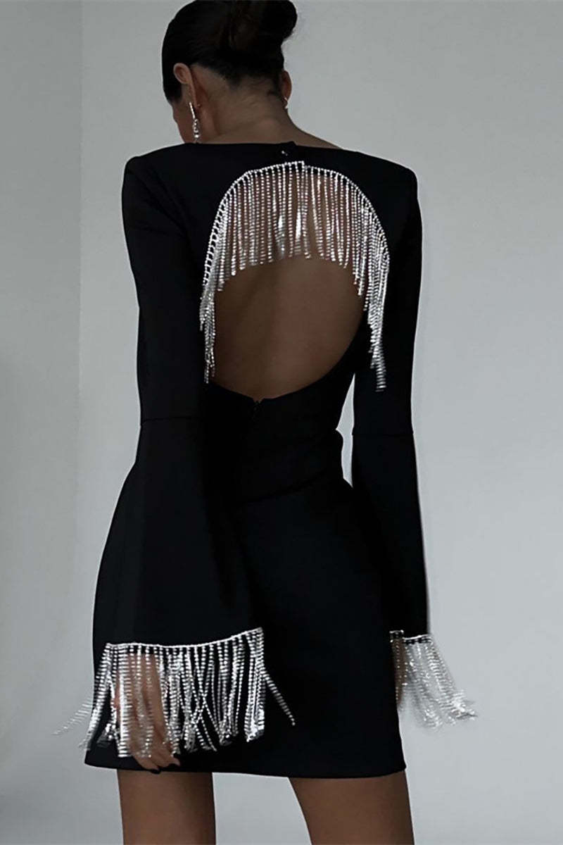 Square Neck Flared Sleeve Rhinestone Fringed Backless Slim Fit Mini Dresses-Black