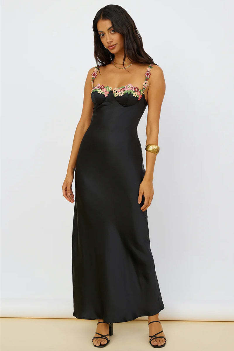 Embroidered Flower Boat Neck High Slit Satin Slim Garden Party Slip Maxi Dresses