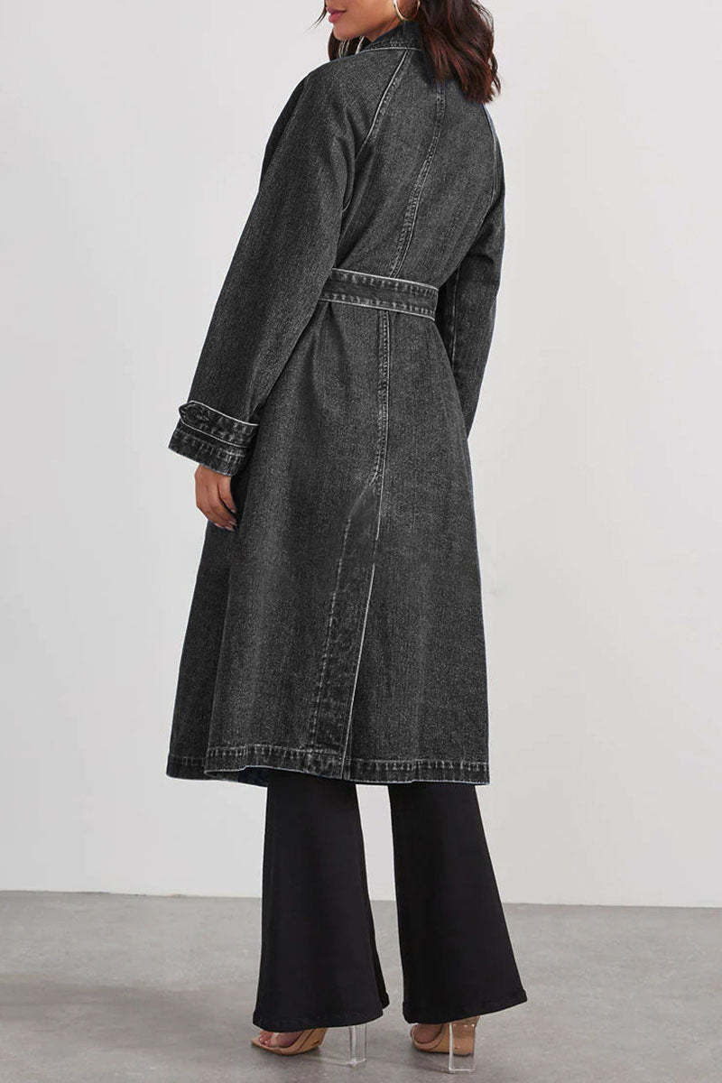 Turndown Collar Long Sleeve Double-Breasted Tie Up Denim Trench Coat-Blue