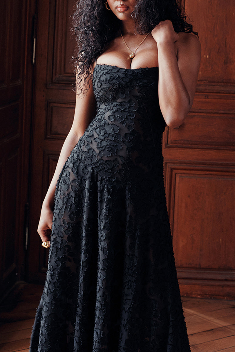 Floral Jacquard Lace Gothic Party Flowy Slip Maxi Dresses-Black