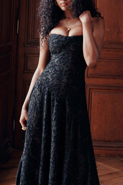 Floral Jacquard Lace Gothic Party Flowy Slip Maxi Dresses-Black