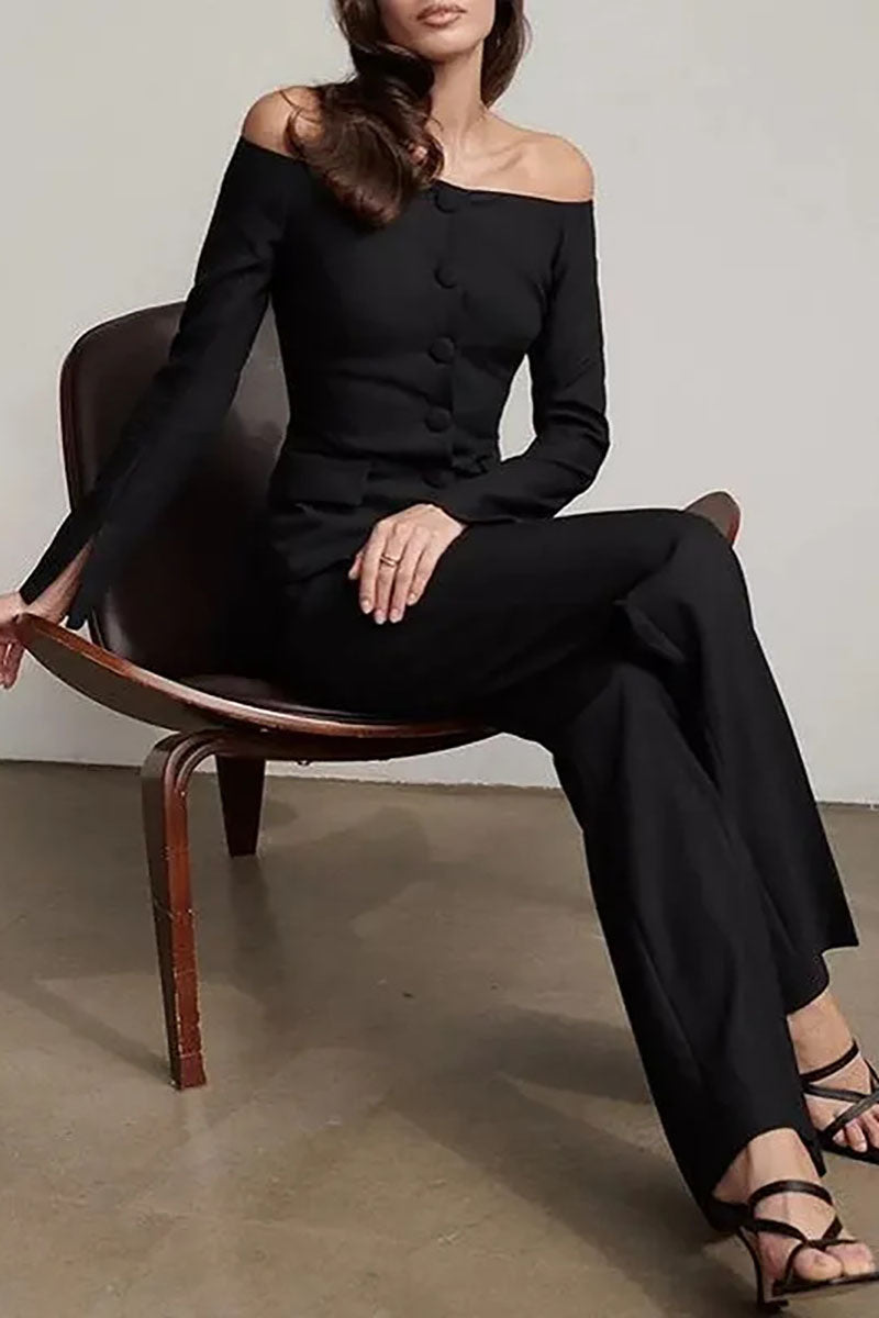 Off Shoulder Long Sleeve Button Up Top Straight Leg Pants Matching Set-Black
