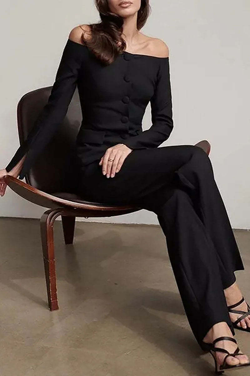 Off Shoulder Long Sleeve Button Up Top Straight Leg Pants Matching Set-Black