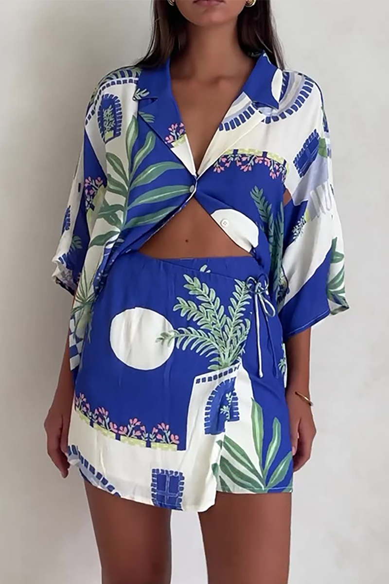 Plants Print 3/4 Sleeve Blouse High Waist Shorts Matching Set-Blue