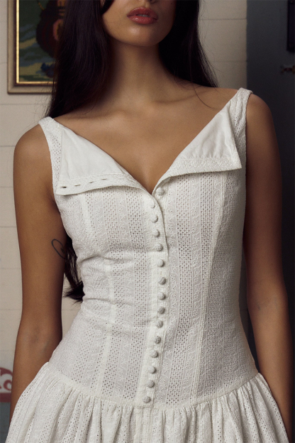 Button Up Cinch Waist Pleated Hem Backless Solid Color Mini Tank Dresses-White