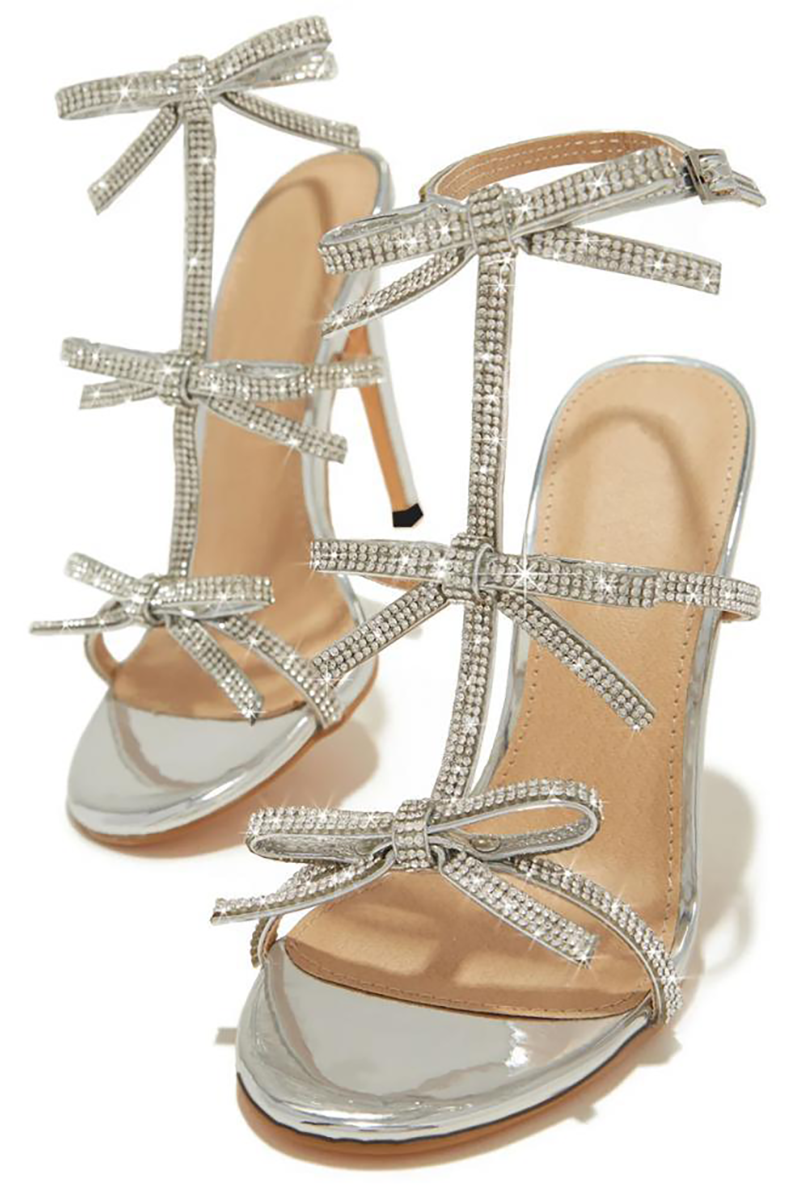Sparkling Rhinestone Bow Ankle Strap Peep-Toe Party Stiletto Heels-Silver
