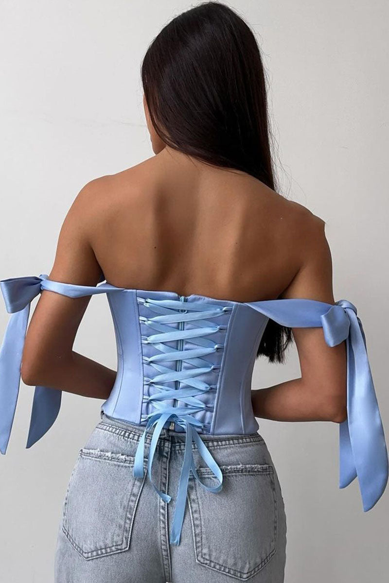 Off Shoulder Ribbon Decor Asymmetric Hem Party Plain Corset Top-Blue