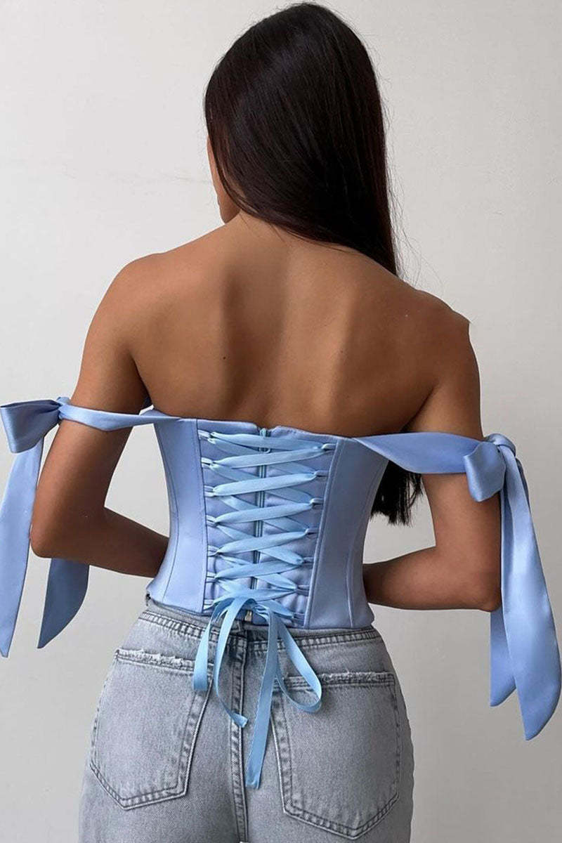 Off Shoulder Ribbon Decor Asymmetric Hem Party Plain Corset Top-Blue