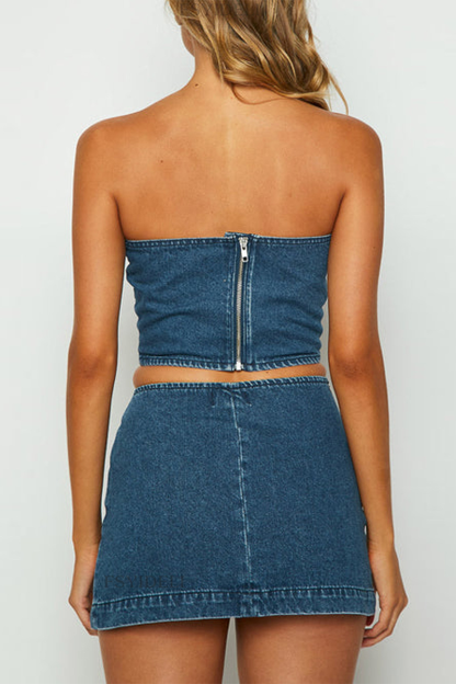 Denim Crop Tube Top Belt Buckle Slit Bodycon Mini Skirt Matching Set-Blue