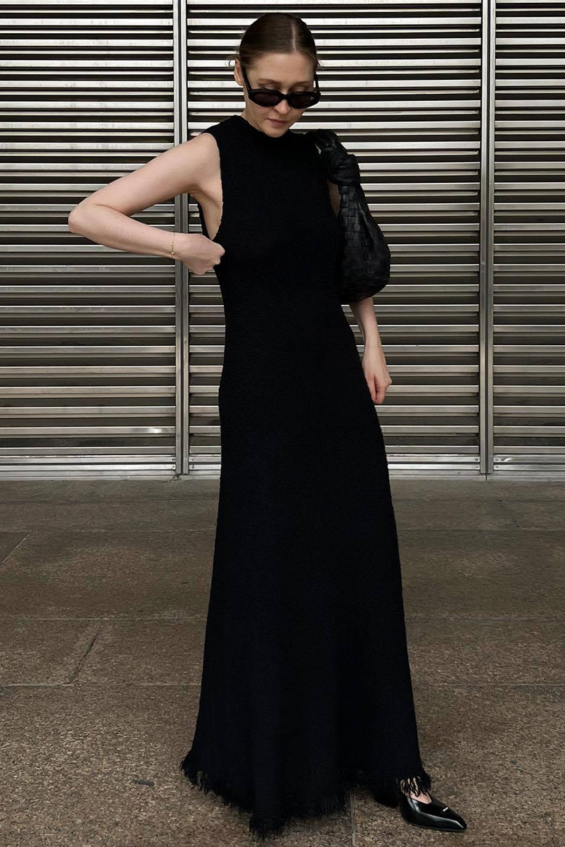 Knit Round Neck Slim Fit Fishtail Fringed Hemline Maxi Tank Dresses-White