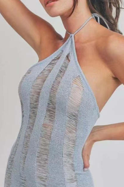 Halter Backless Scratch Knit See-Through Slim-Fit Midi Dresses-Blue