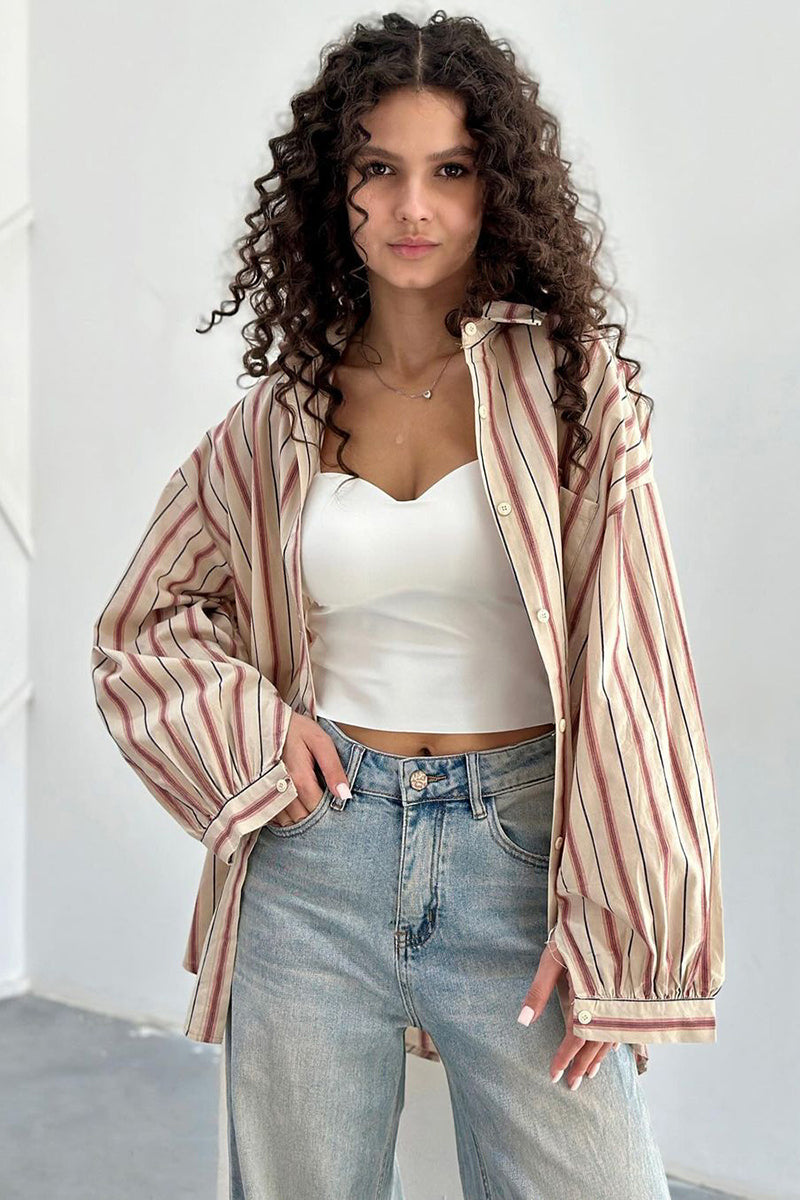 Striped Print Button Up Pocket Long Sleeve Turndown Collar Shirt-Beige