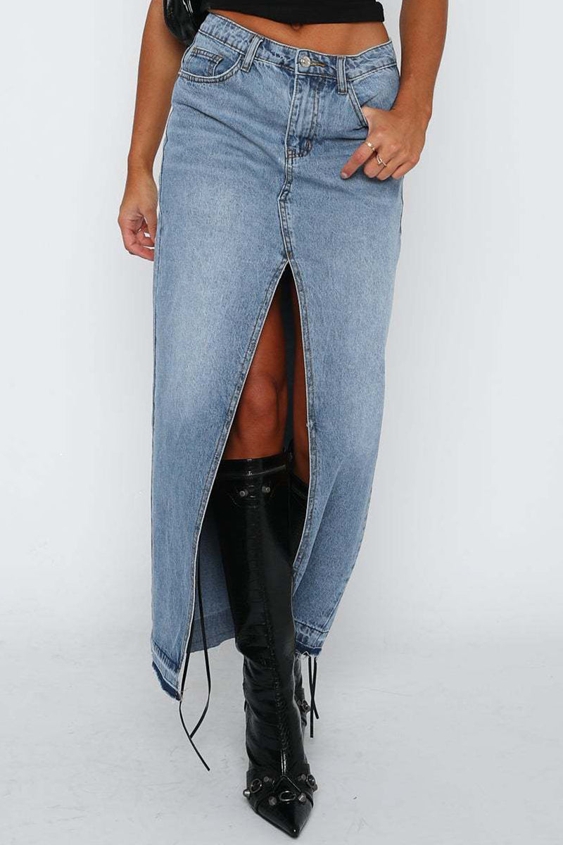 Denim Bodycon Slit Front Pocket Maxi Skirt-Blue