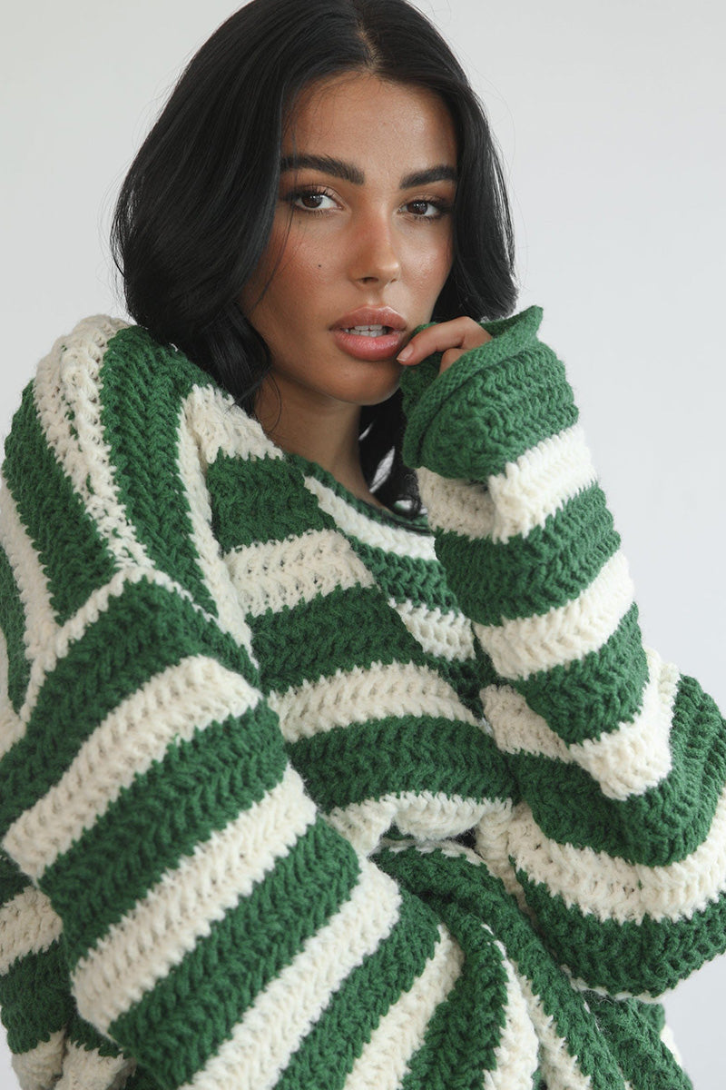 Striped Colorblock Knit Long Sleeve Casual Sweater-Green