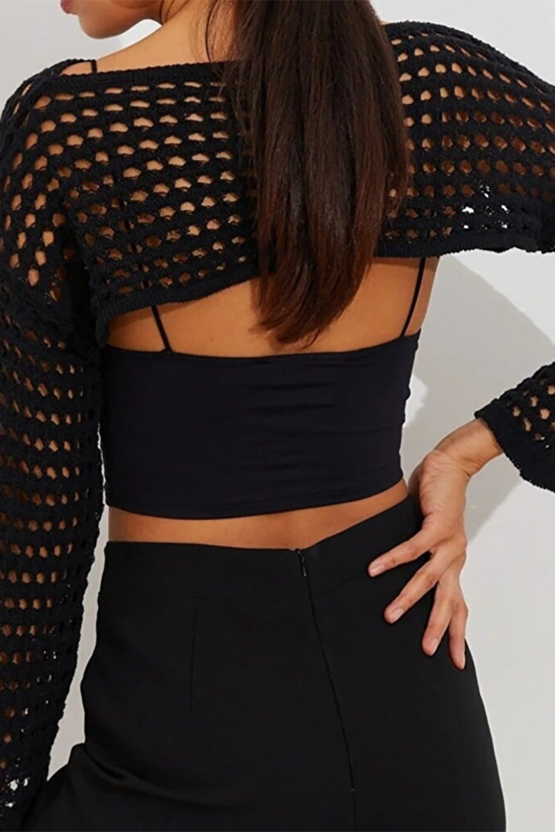 Knit Hollow Out Round Neck Long Sleeve Cover Ups Crop Top-White