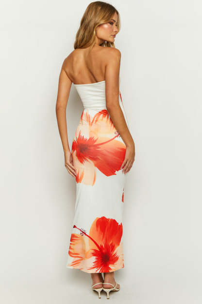 Floral Print Strapless Slim-Fit Vacation Maxi Dresses-White
