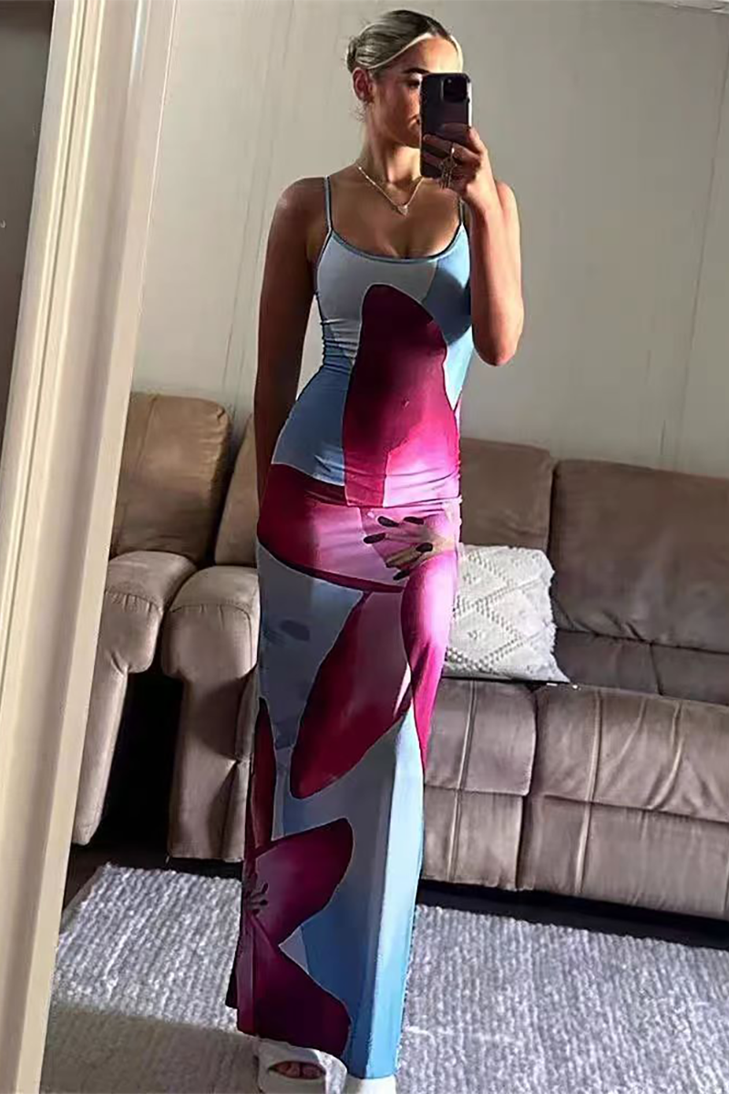 Spaghetti Strap Slim Fit Floral Print Slip Maxi Dresses-Black