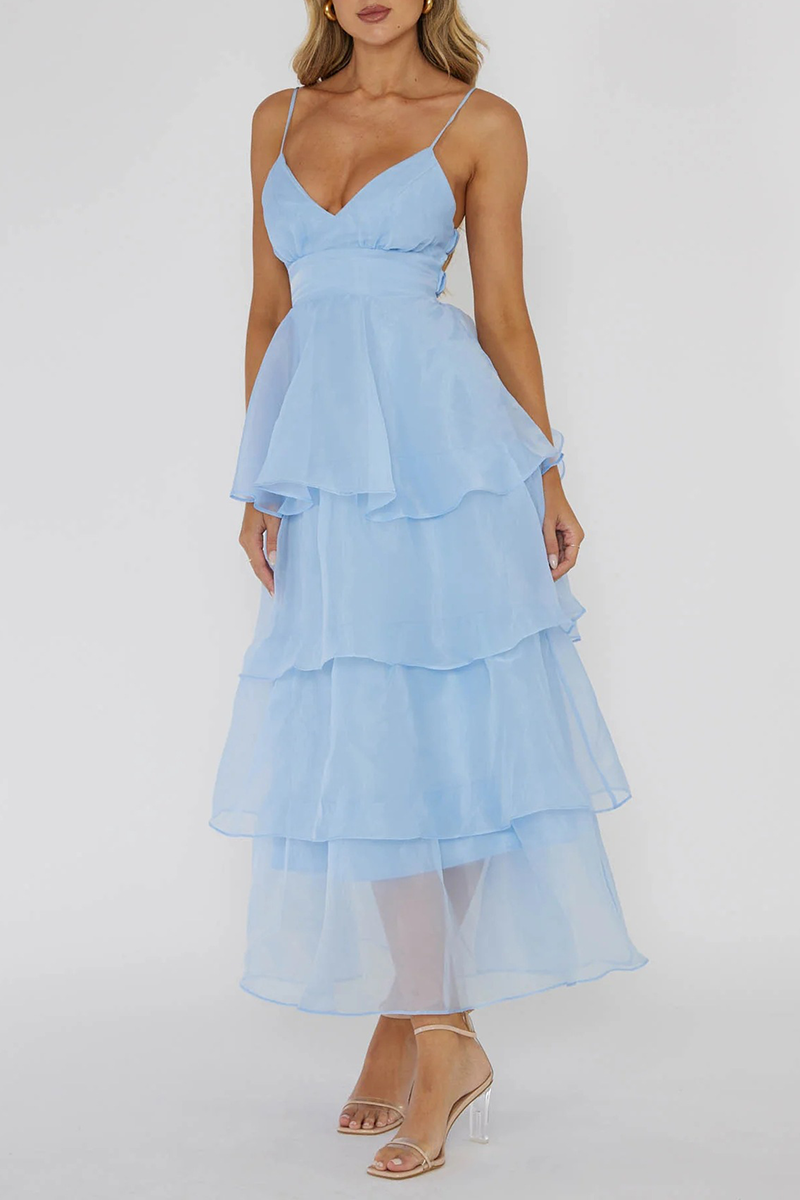 V Neck Cinch Waist Tulle Tiered Hem Backless Midi Slip Dresses-White