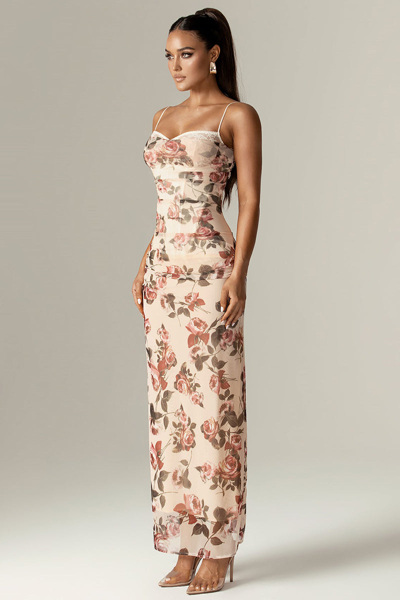 Floral Print Corset Wedding Guest Party Maxi Slip Dresses-Beige Pre Order
