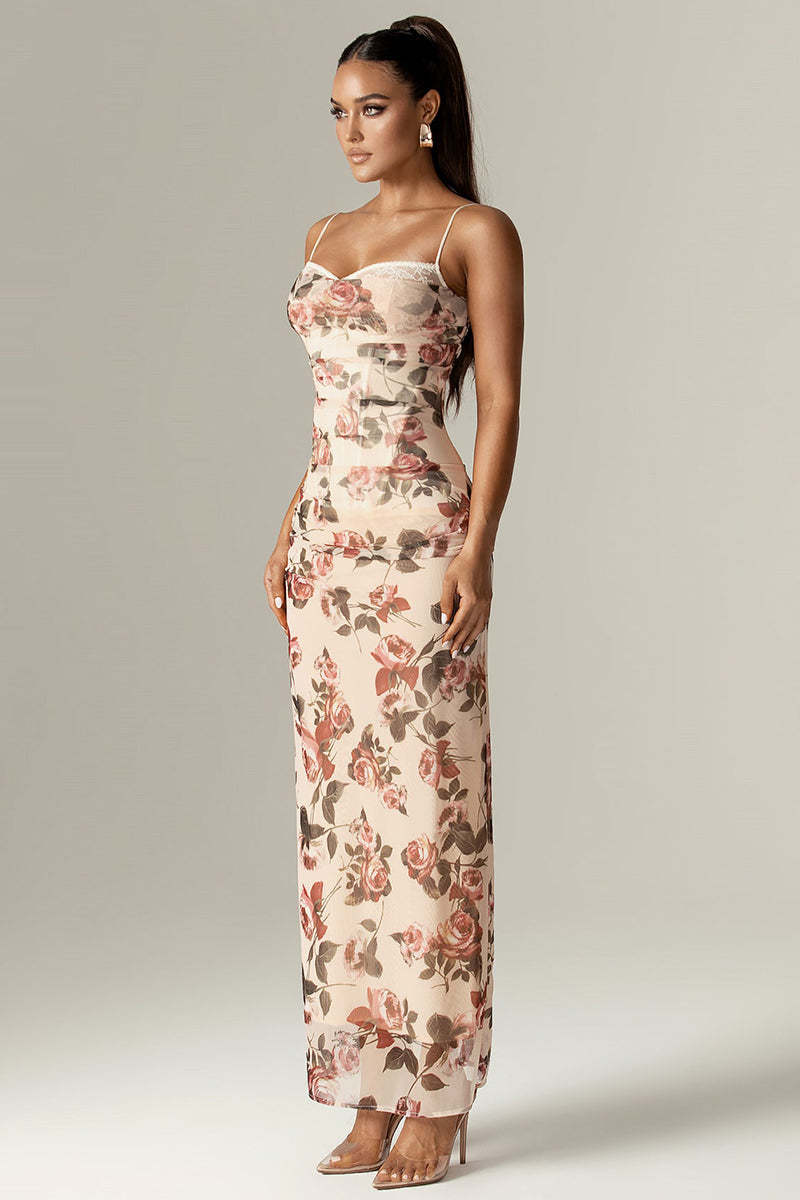 Floral Print Corset Wedding Guest Party Maxi Slip Dresses-Beige Pre Order