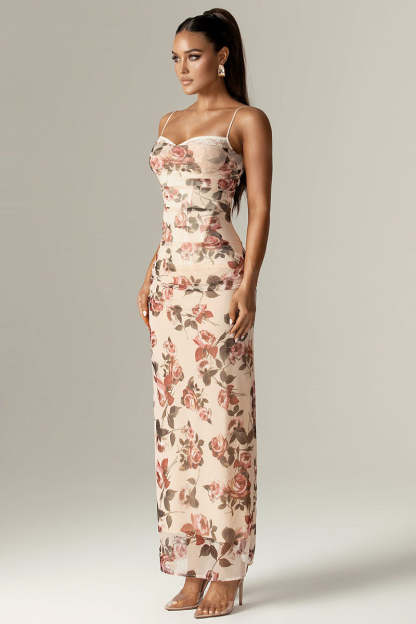 Floral Print Corset Wedding Guest Party Maxi Slip Dresses-Beige Pre Order