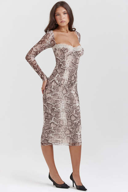 Snake Print Square Neck Lace Long Sleeve Bodycon Midi Dresses-Brown