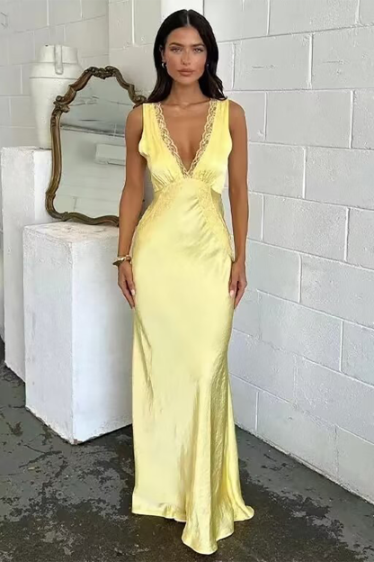Lace Trim V Neck Backless Gowns Maxi Tank Dresses-Yellow