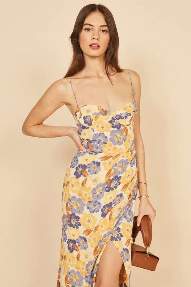 Vacation Irregular Neck Tied Up Cami A-line Floral Print High Slit Midi Dresses