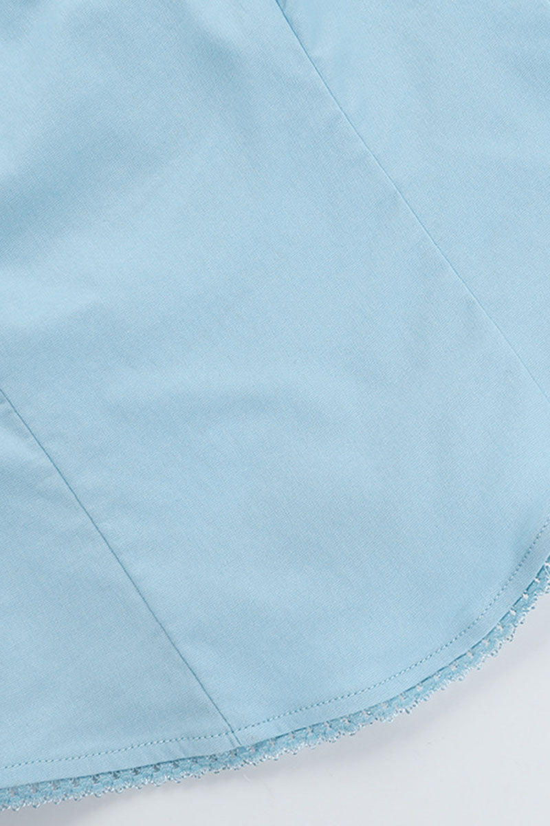 Square Neck Ribbon Quilted Curved Hem Casual Plain Sleeveless Top-Blue