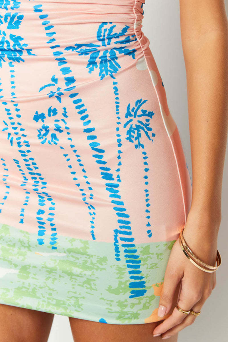 Palm Print Ruched Strapless Bodycon Vacation Mini Dresses-Pink Pre Order