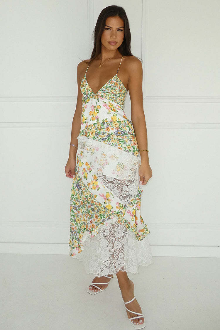 Ditsy Floral Print Deep V Neck Lace Patchwork Backless Slip Maxi Dresses-Green