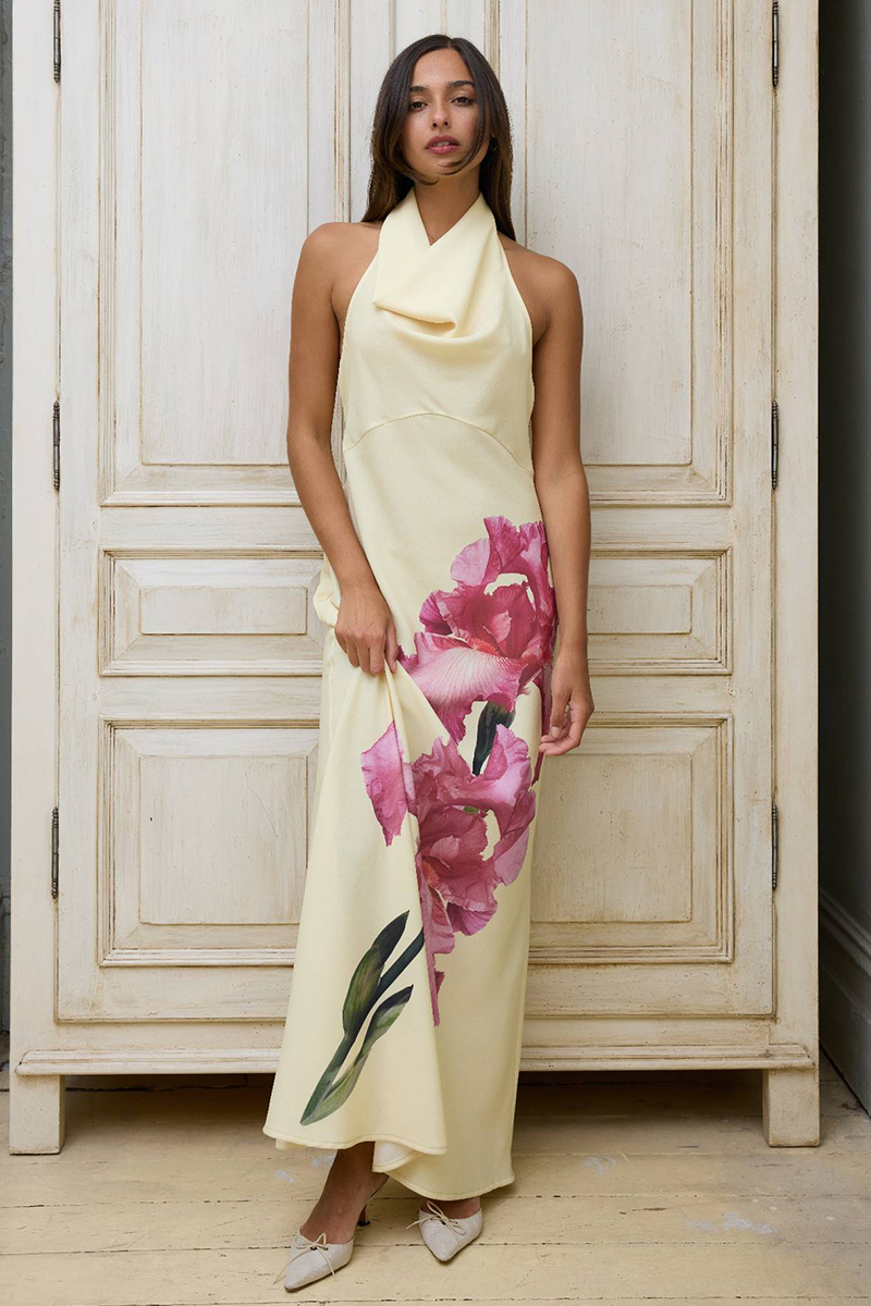 Floral Print Cowl Neck Backless Slim Fit Maxi Dresses-Yellow