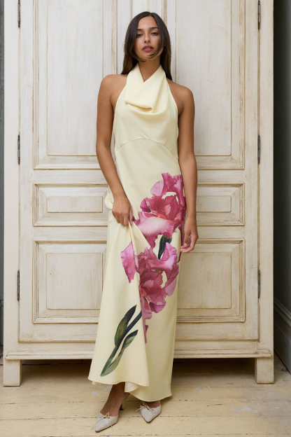 Floral Print Cowl Neck Backless Slim Fit Maxi Dresses-Yellow