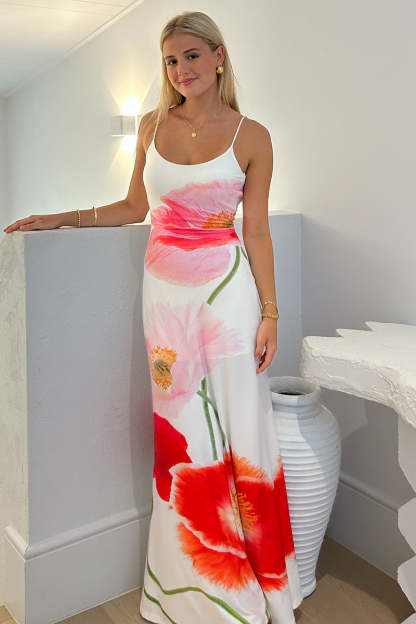 Floral Print U Neck Backless Vacation Slip Maxi Dresses-White