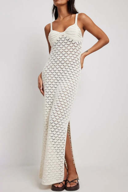 Crochet Irregular Neck Cami Hollow Out High Slit White Cover Up Maxi Dresses