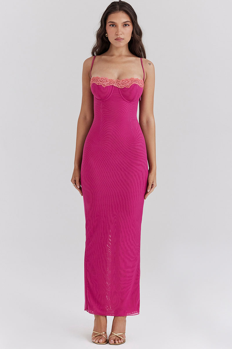 Mesh Patchwork Spaghetti Strap Slit Bodycon Maxi Dresses-Fuchsia Pre Order