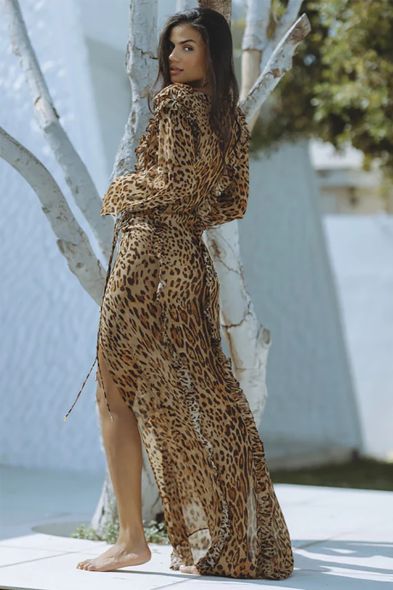 Leopard Print V Neck Ruffled Long Sleeve High Slit Maxi Dresses-Brown