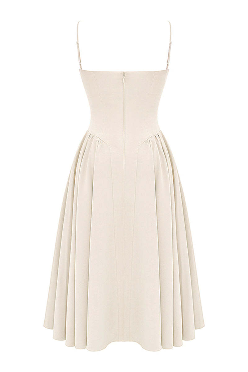 Elegant Cinch Waist Pleated Formal Party Slip Midi Dresses-Beige