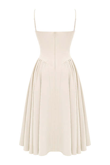 Elegant Cinch Waist Pleated Formal Party Slip Midi Dresses-Beige
