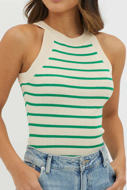 Casual Striped Print Slim Fit Ribbed Knit Tank Top-Blue