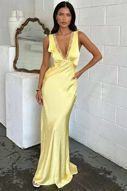 Lace Trim V Neck Backless Gowns Maxi Tank Dresses-Yellow