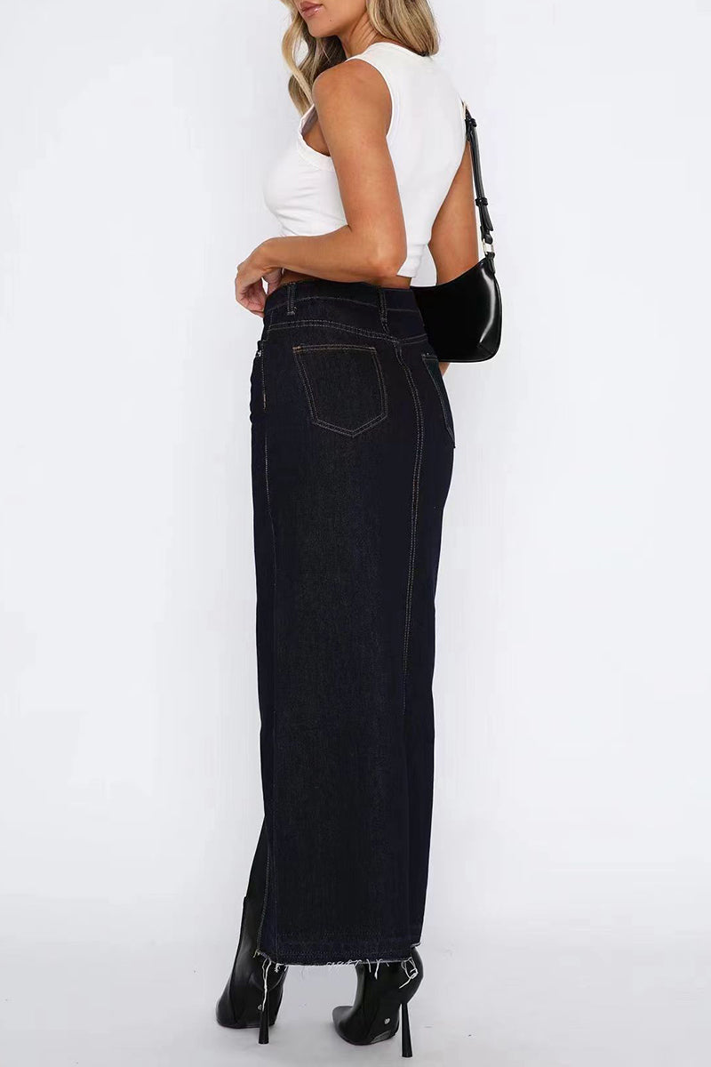 Denim Bodycon Slit Front Pocket Maxi Skirt-Blue