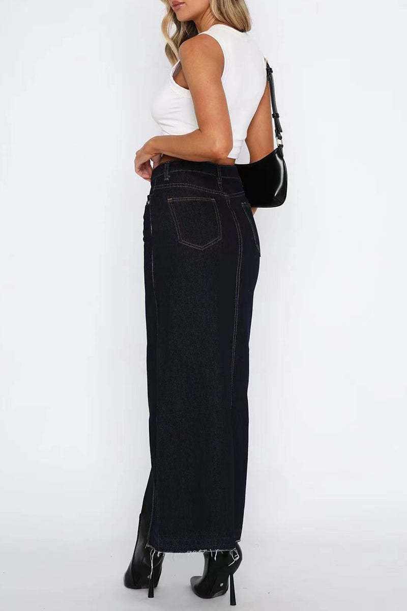 Denim Bodycon Slit Front Pocket Maxi Skirt-Blue