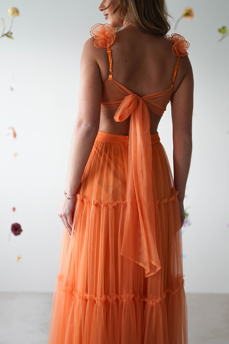 Petal Straps Deep V Neck Backless Tulle Gowns Maxi Dresses-Orange Pre Order