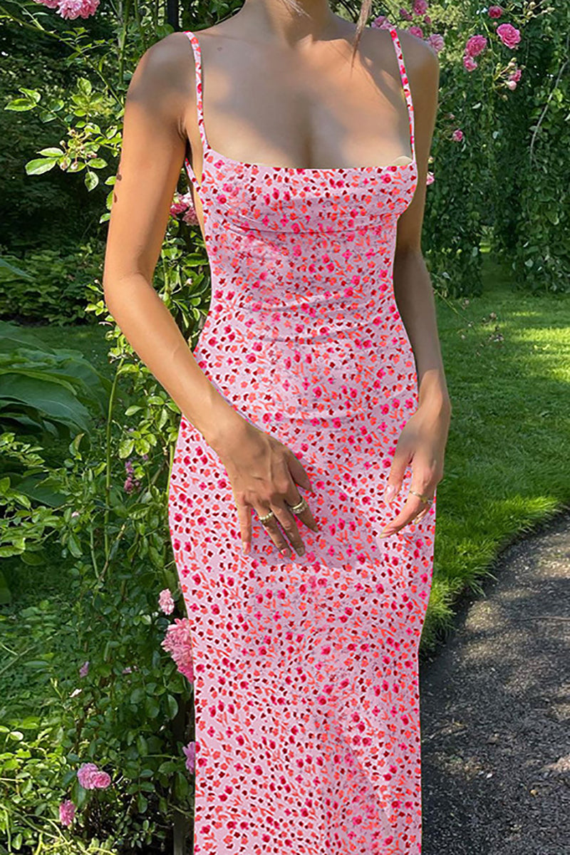 Floral Print Backless Square Neck Vacation Slip Maxi Dresses