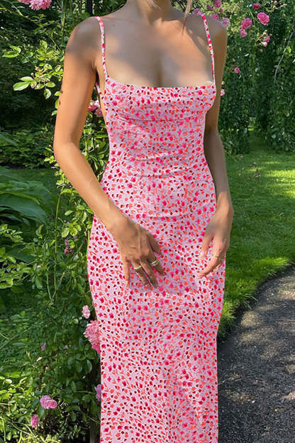 Floral Print Backless Square Neck Vacation Slip Maxi Dresses